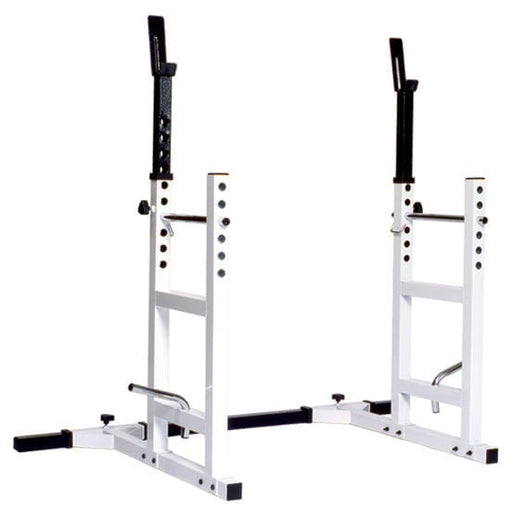 YORK® Pro Series 204 Squat Rack Barbell Support with adjustable telescoping barbell supports, safety spotters, and weight plate holders for versatile home or studio workouts.


