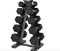 Rubber Hex Dumbbells 5-25 lb Set with A-Frame Rack, featuring rubber-coated heads for noise reduction and floor protection, and a compact A-frame dumbbell rack for efficient storage.
