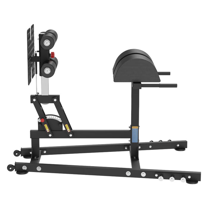 Side view of TKO Glute Ham Developer highlighting band pegs and dual rollers

