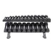 TKO Strength 2-Tier Horizontal Dumbbell Rack with hex dumbbells