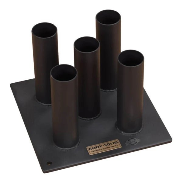 Body-Solid GOBH5 Olympic Bar Holder 5 Bar Vertical storage rack with satin black powder coat finish for gym organization.
