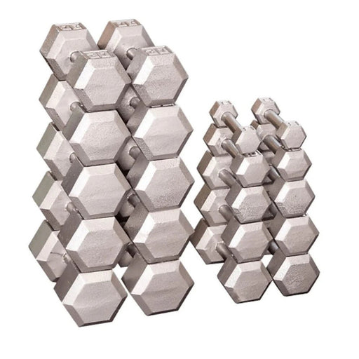 Body-Solid SDS Cast Iron Hex Dumbbell Set, 5-50 lbs, featuring durable cast iron heads, knurled steel handles, and a hexagonal shape for safe and effective strength training.