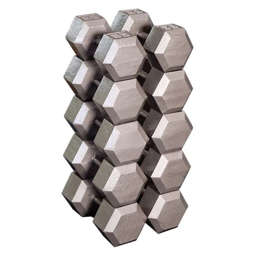 Body-Solid SDS Cast Iron Hex Dumbbell Set, 55-75 lbs, featuring durable cast iron heads, knurled steel handles, and a hexagonal shape for safe and effective strength training.