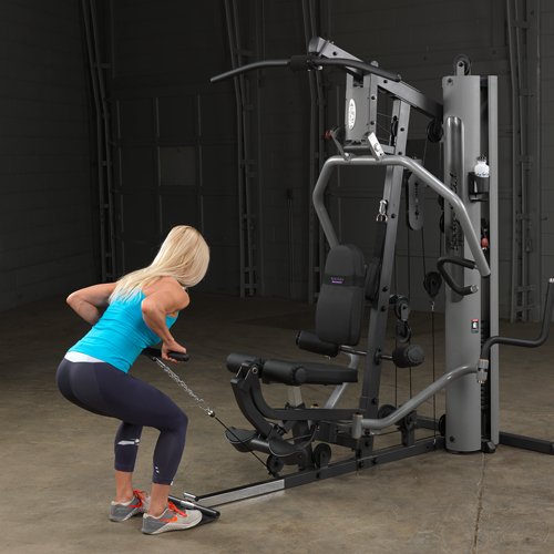 Female athlete performing bent over angled row on Body-Solid G5S Home Gym with low cable attachment.