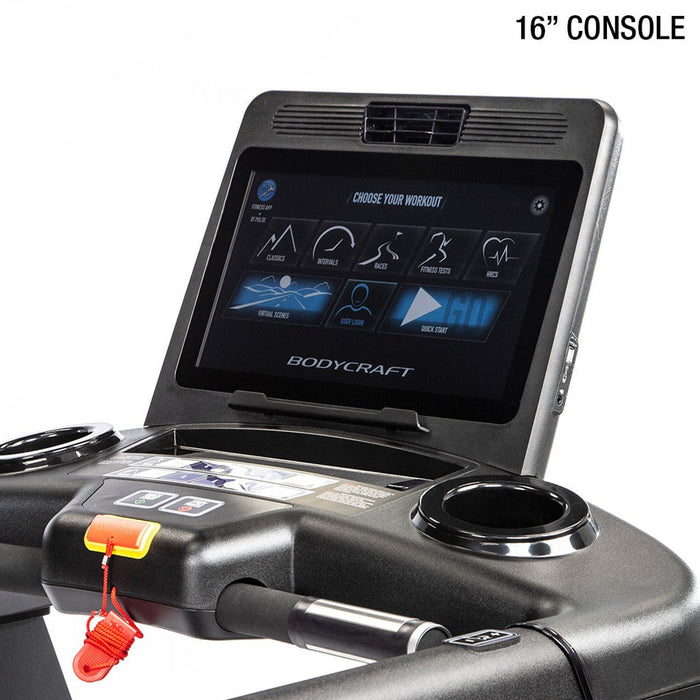 Bodycraft T800 Treadmill on a white background with zoomed-in image of the 16" console showing advanced features and controls close up