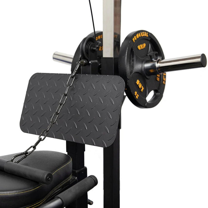 Close-up view of the Workbench Lat Tower Attachment WB-LTA with weight plates