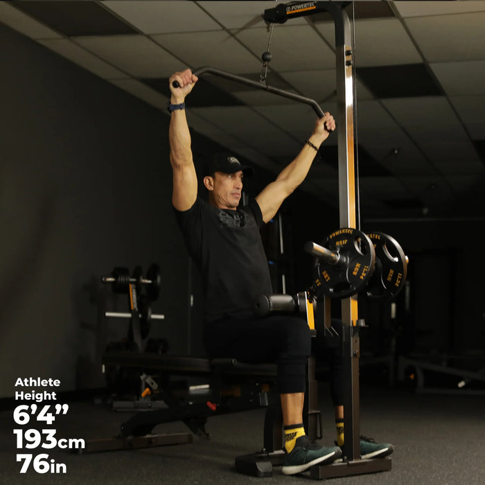 Tall athlete using the Workbench Lat Tower Attachment WB-LTA for lat pulldowns