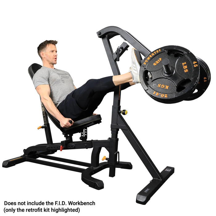 Workbench Leg Press Attachment WB-LPA connected to Powertec Workbench with weights an athlete
