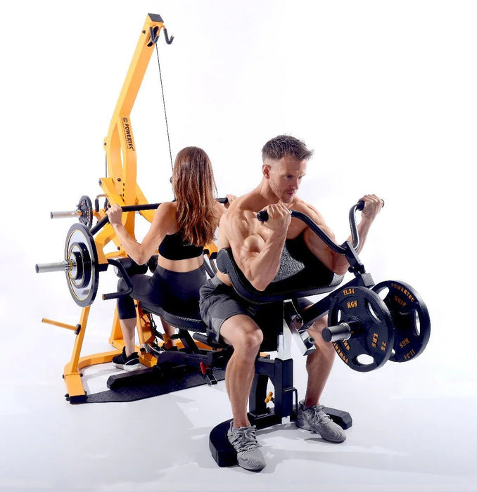 Workbench Curl Machine Attachment WB-CMA connected to Powertec Workbench shown with levergym