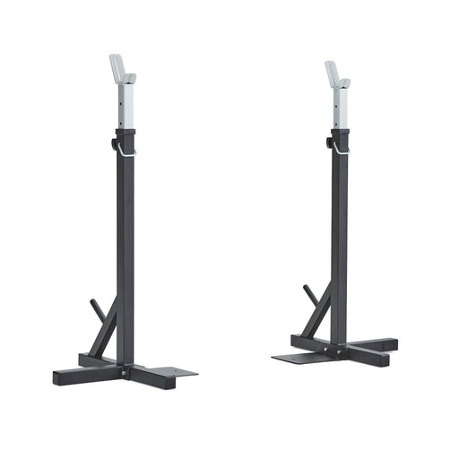 Independent Squat Stands by York Barbell with adjustable height, foot plate for stability, and weight plate storage pegs - perfect for strength training in home gyms.

