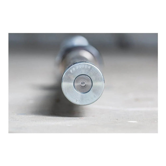 Close-up of the end cap of the York Barbell 7’ USA Power Bar sleeve, showcasing the durable satin chrome finish and detailed craftsmanship for smooth weight plate loading.