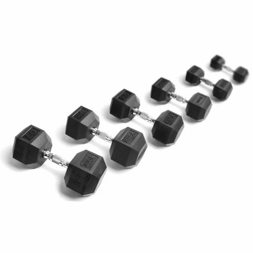 Rubber Hex Dumbbell Set with Chrome Handles, ergonomic grip, and rubber heads