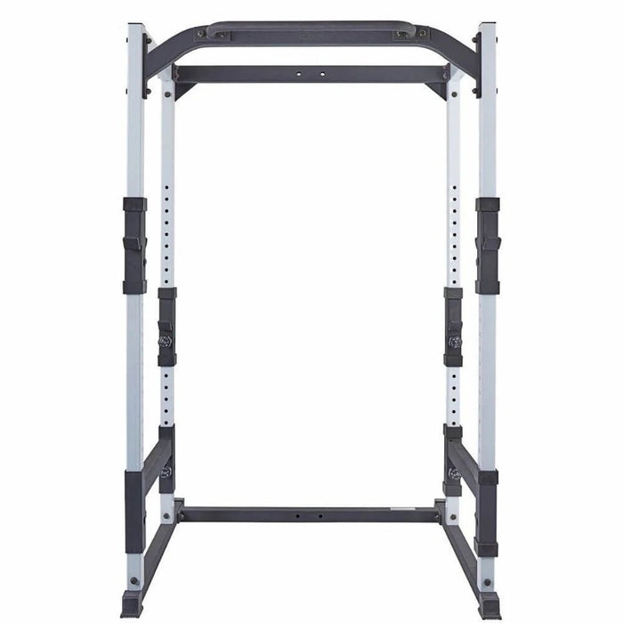 Front view of the York Barbell FTS Power Cage 48053 highlighting the adjustable bar positions, integrated chin-up bar, and double bar holders for versatile strength training.