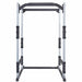 Front view of the York Barbell FTS Power Cage 48053 highlighting the adjustable bar positions, integrated chin-up bar, and double bar holders for versatile strength training.
