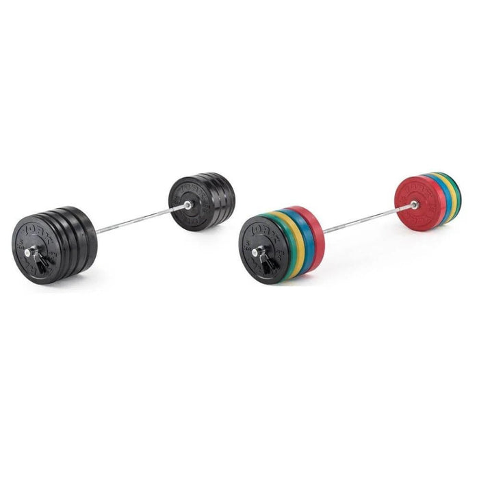 Two York Barbell 7’ USA Power Bars loaded with bumper plates—one with black plates and the other with colored plates—showcasing the bar's strength, durability, and versatility in a gym setting.
