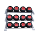 Front-facing view of the Body-Solid SDKR1000MD Three-Tier Medicine Ball Rack with wall balls neatly stored