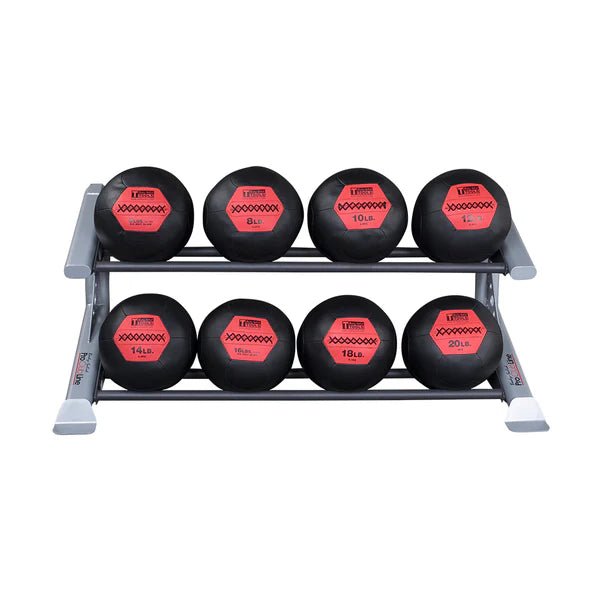 Body-Solid SDKR500MD Two-Tier Medicine Ball Rack with wall balls neatly stored
