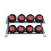 Body-Solid SDKR500MD Two-Tier Medicine Ball Rack with wall balls neatly stored