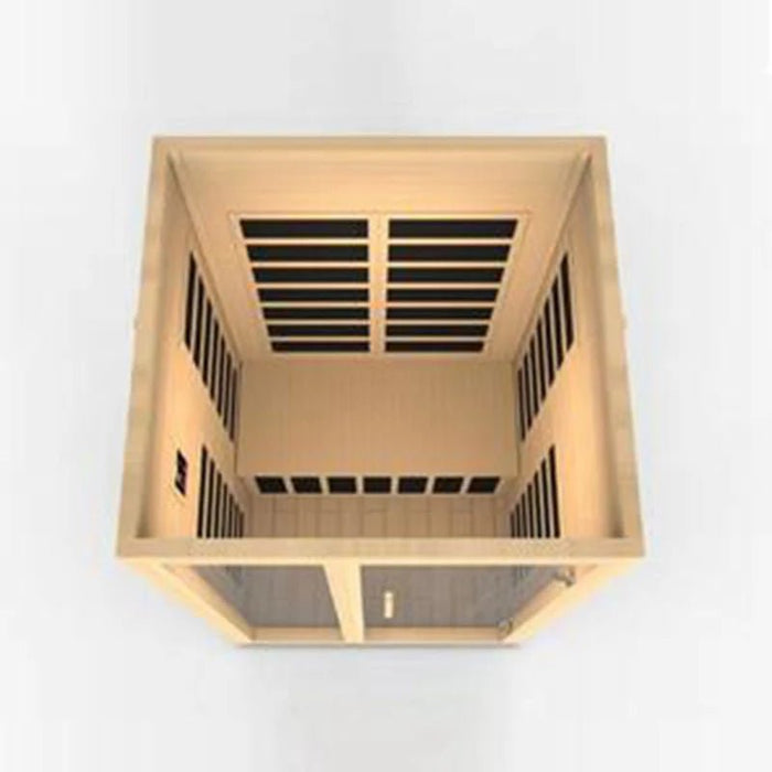 Angled overhead view of Dynamic Santiago sauna with seating and heater placement

