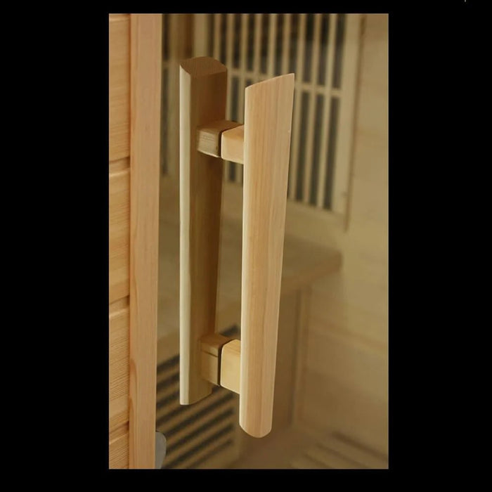 Close-up of tempered glass door handle on Maxxus Seattle infrared sauna