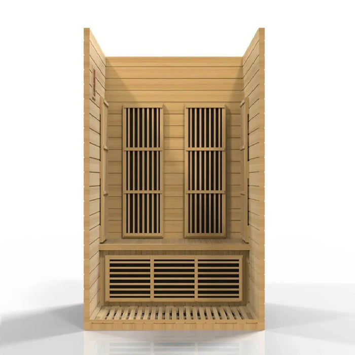 Straight interior view of Maxxus Seattle sauna showing seating and carbon heaters