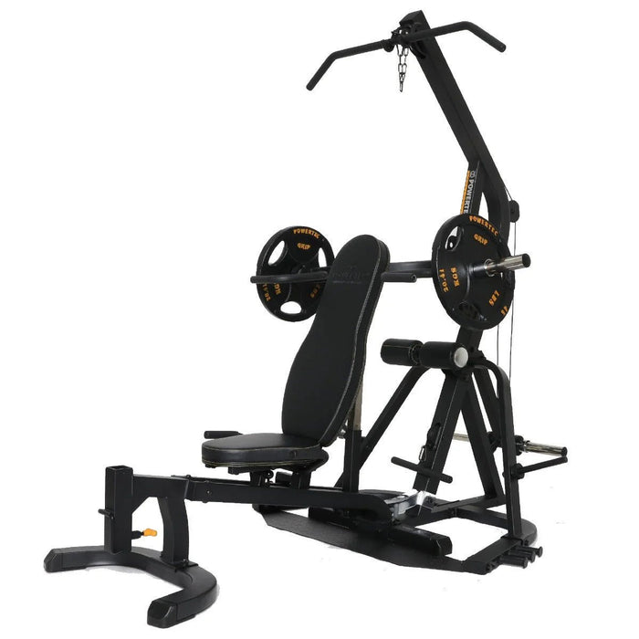 Powertec Workbench LeverGym® WB-LS20-YY with Bench in Upright Position and Weight Plates