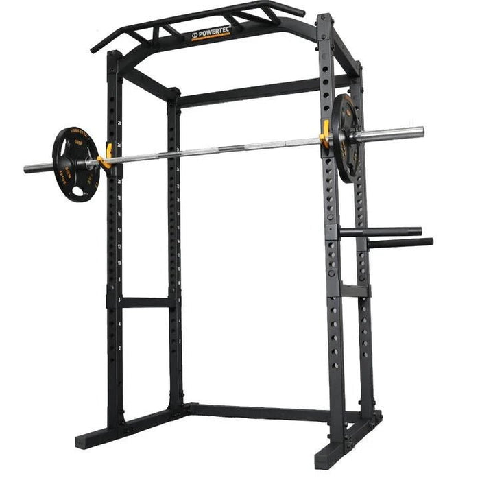 Powertec Workbench Power Rack WB-PR19 black with barbell, weight plates, and multi-grip pullup bar attachment.