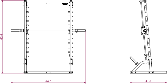 Schematic of the Powertec Roller Smith Machine WB-RS showing dimensions