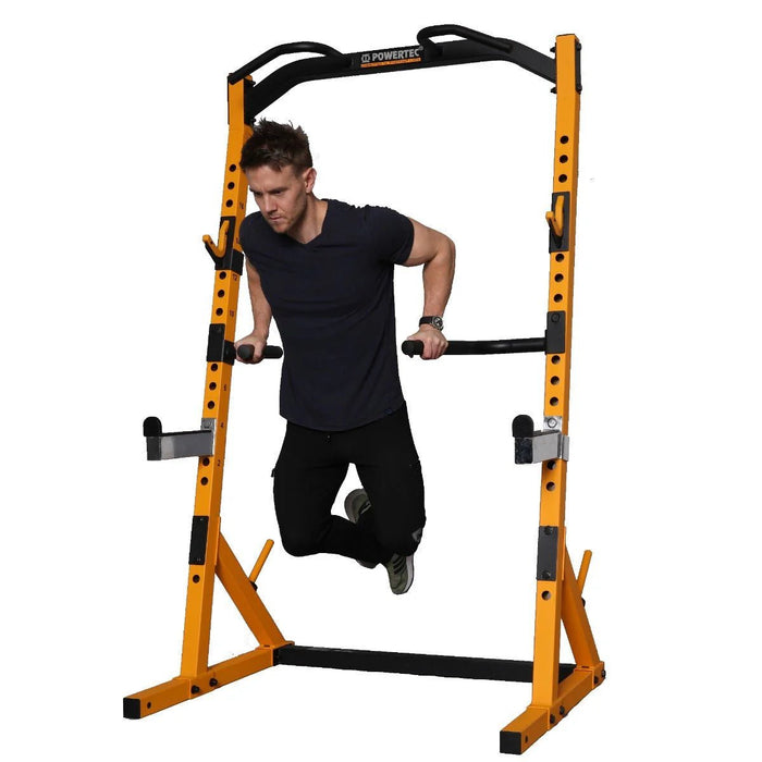 Athlete performing dips using the dip attachment on the Workbench Half Rack WB-HR-Y with yellow frame