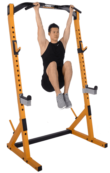 Athlete performing leg lifts using pull-up handles on the Workbench Half Rack WB-HR-Y with yellow frame