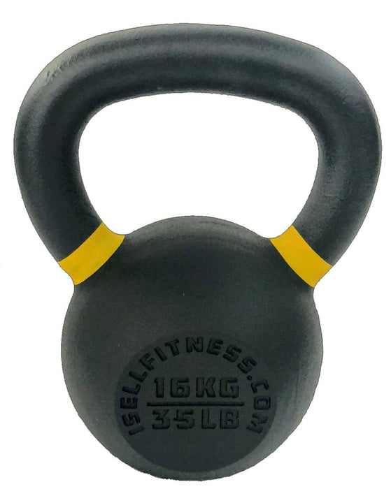 16kg ISF Kettlebell back side yellow color stripe and showing  weight in lbs and kgs on white background