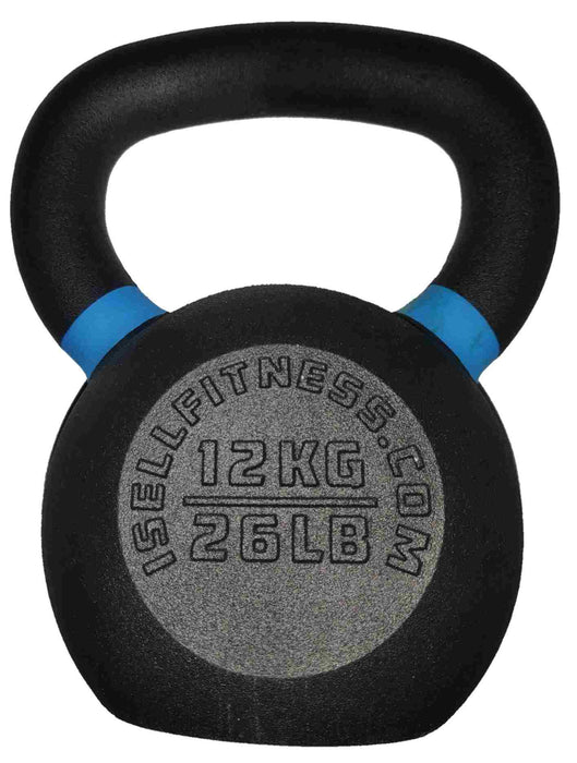 12kg ISF Kettlebell back side blue color stripe and showing  weight in lbs and kgs on white background