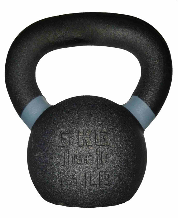 6kg ISF Kettlebell front side light blue color stripe and showing  weight in lbs and kgs on white background