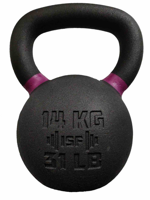 14kg ISF Kettlebell front side violet color stripe and showing  weight in lbs and kgs on white background
