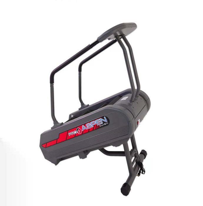 Close-up side front view of the Pro 6 Aspen Stairmill Stair Climber, showcasing its sturdy frame, user-friendly console, and ergonomic design for high-intensity cardio workouts.