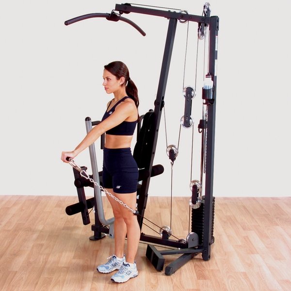 Female athlete performing a one-arm cable shoulder raise with the included strap on a Body-Solid G1S Multi-Station Home Gym, targeting shoulder muscles for upper body strength and stability.